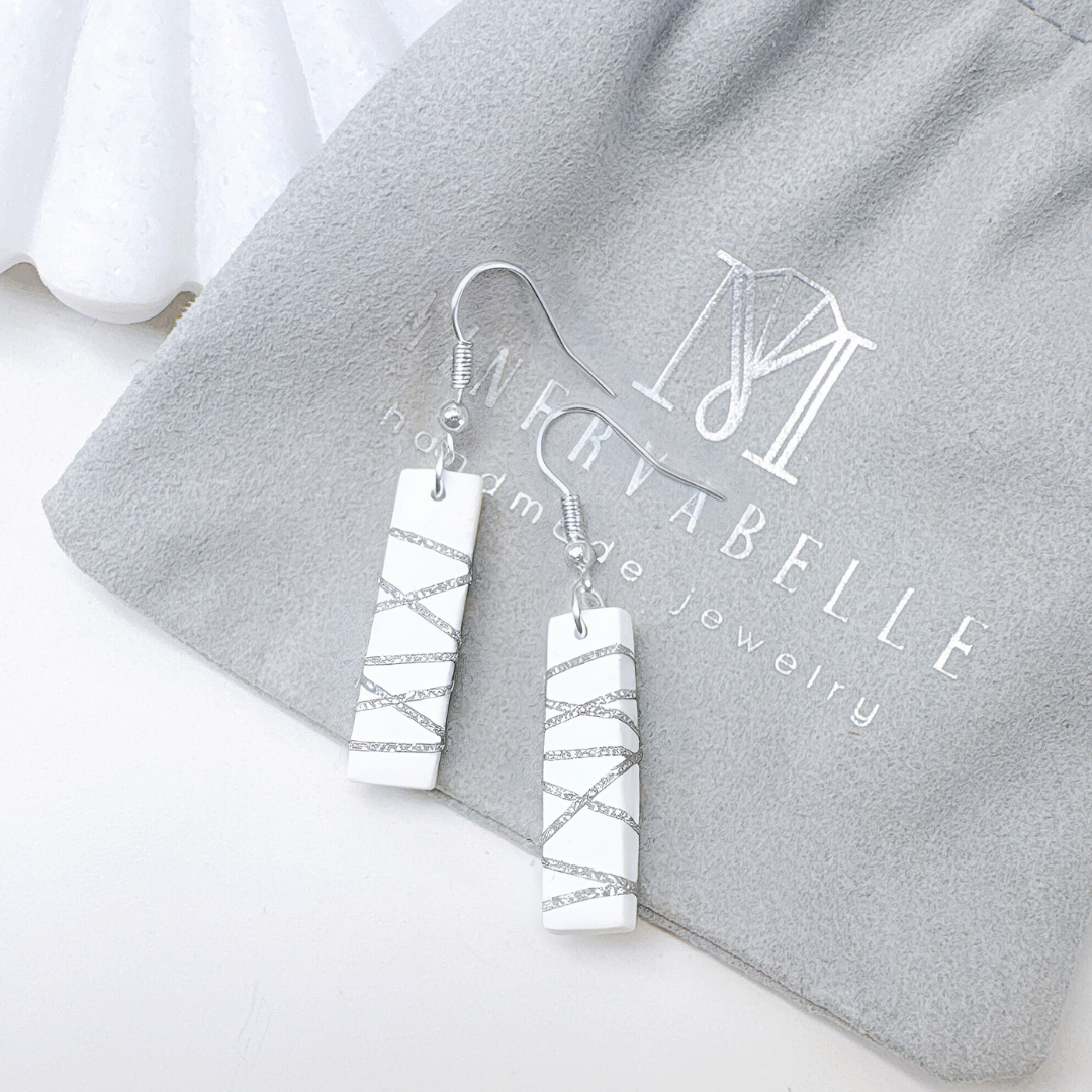 Rectangle Black Polymer Clay Dangle Earrings with Silver Glitter Line Design