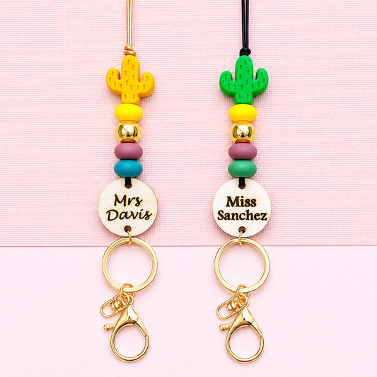 Yellow and Green Cactus Personalized Name Teacher ID Key Lanyard