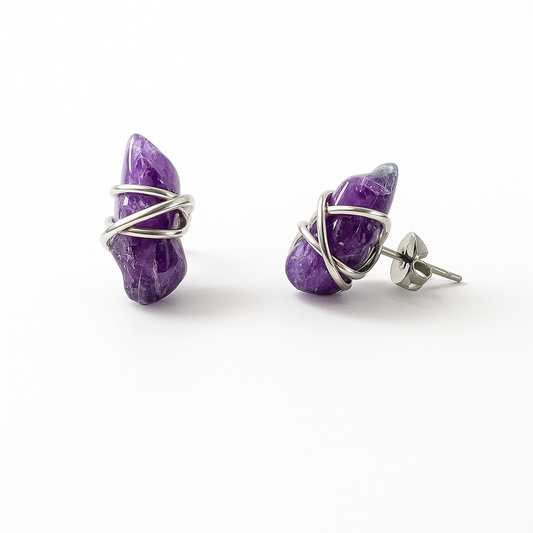 Wire Wrapped Raw Amethyst Gemstone Earrings