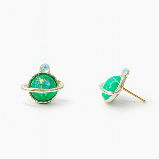 Green Glitter Galaxy Planet Hypoallergenic Stud Earrings