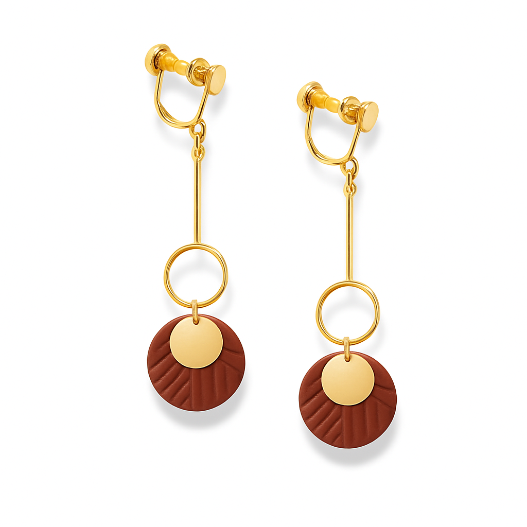 Handmade Clay Textured Disc Dangle Earrings – Gold & Terracotta