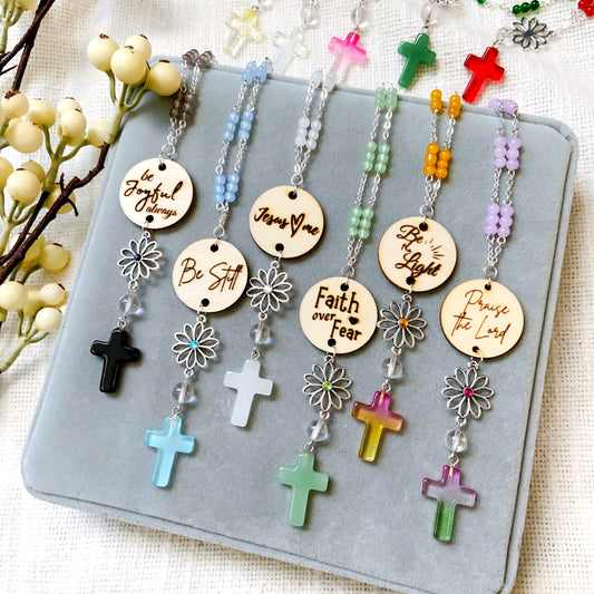 Blue Beaded Glass Crystal Cross with Bible Message Car Hanging Charm