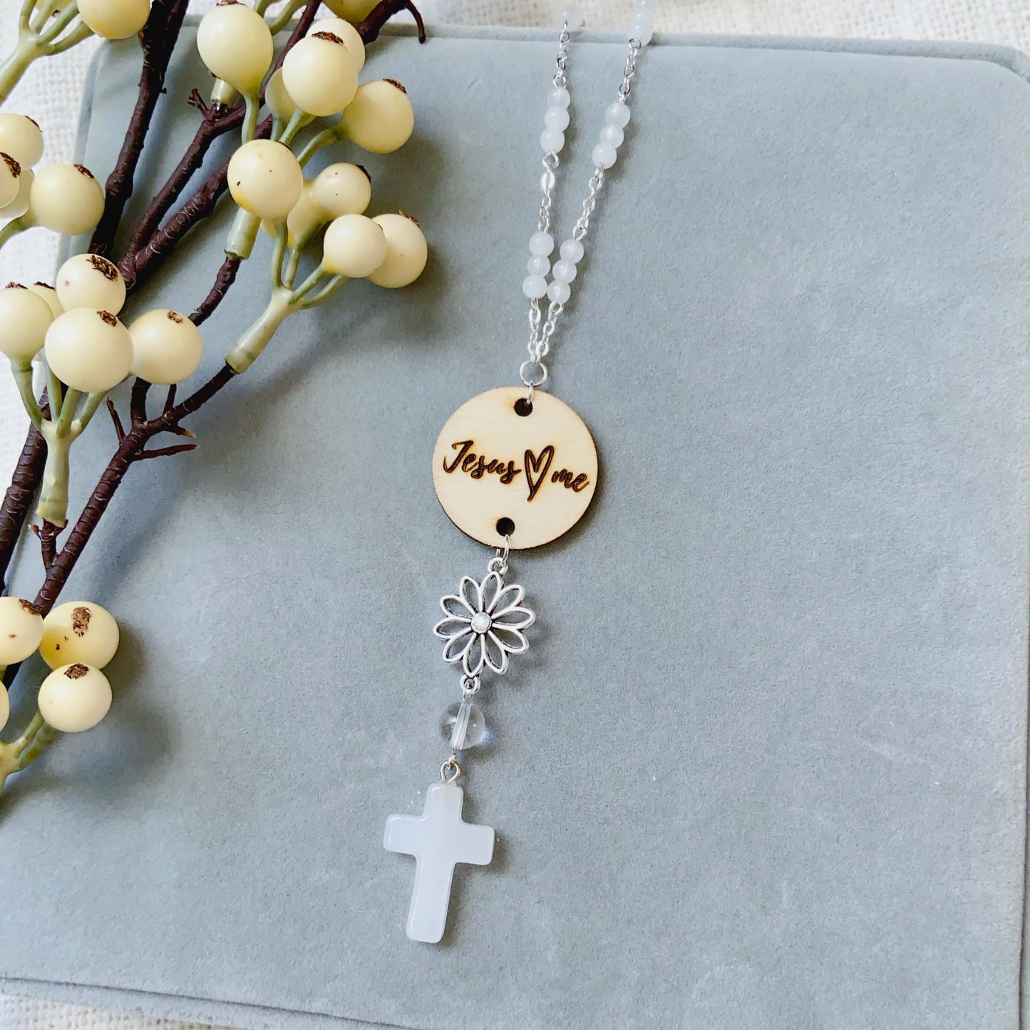 Blue Beaded Glass Crystal Cross with Bible Message Car Hanging Charm