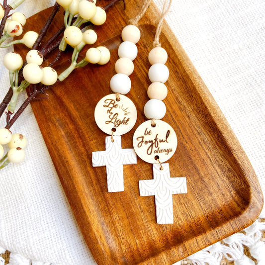 Handmade Christian car charm with cross pendant and engraved scripture tag