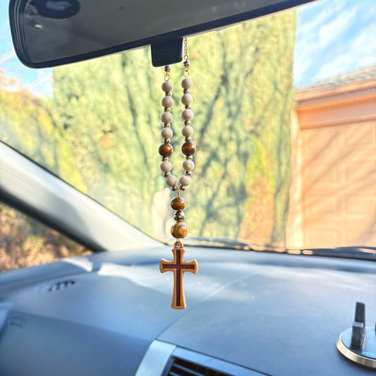Beaded Wooden Cross Rearview Mirror Car Hanging Charm