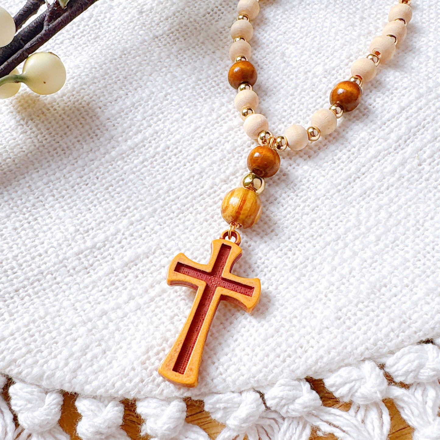 Beaded Wooden Cross Rearview Mirror Car Hanging Charm