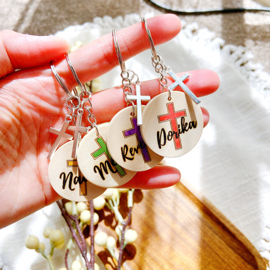 Personalized Wooden Cross Keychain with Name – Faith-Inspired Gift