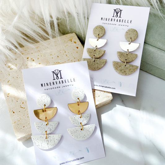 Ivory speckled white Triple Arc Layered Polymer Clay Earrings – Minimalist Geometric Statement