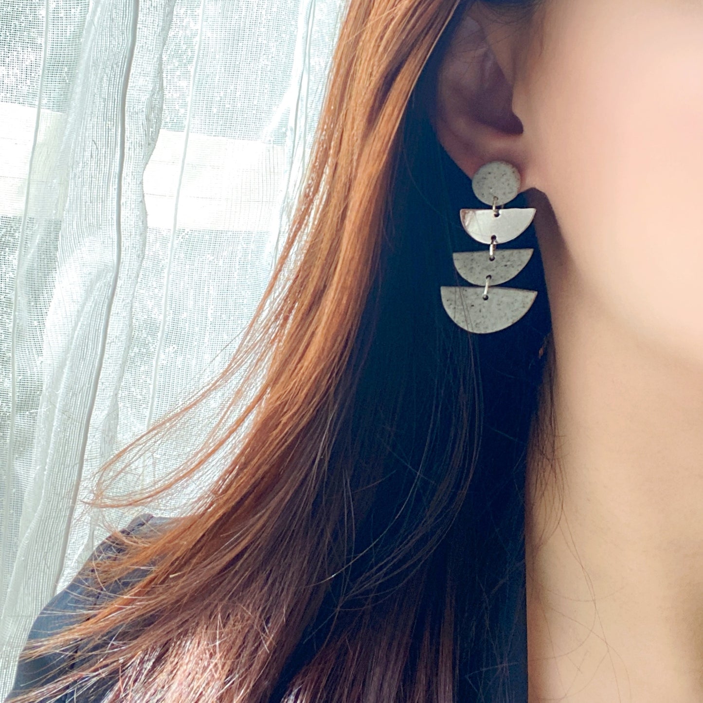 Grey Stone Triple Arc Layered Polymer Clay Earrings – Minimalist Geometric Statement