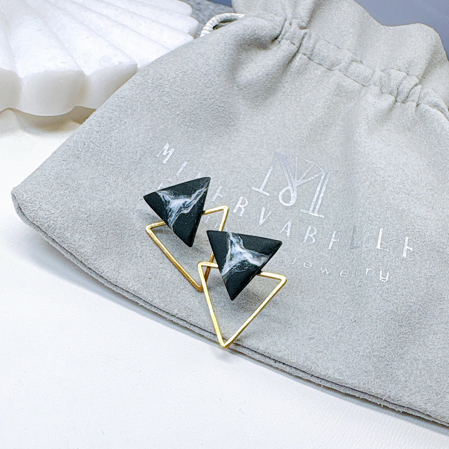 Black Marble & Silver Frame Triangle Minimalist Earrings