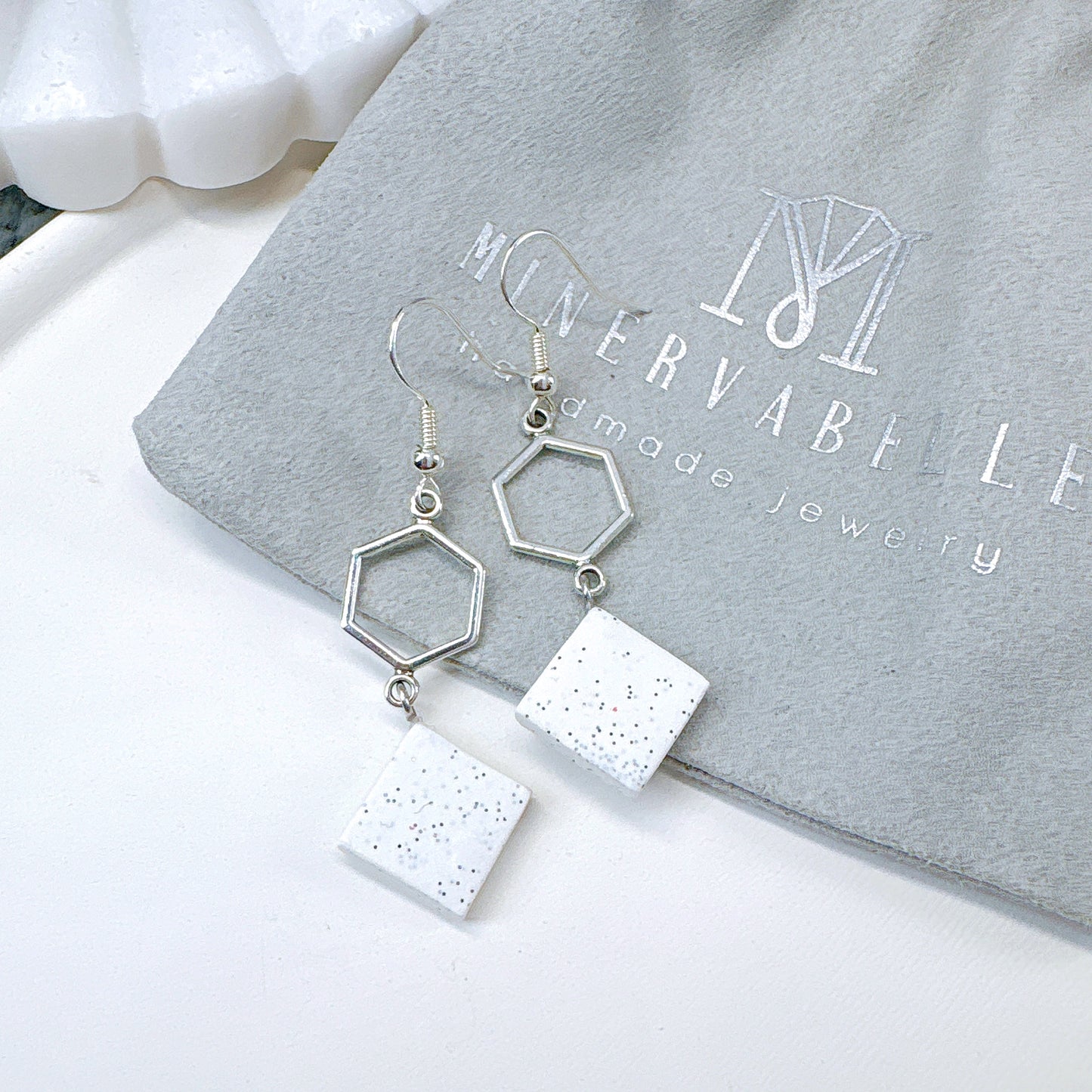 Golden Hexagon Polymer Clay Dangle Surgical Steel Earrings