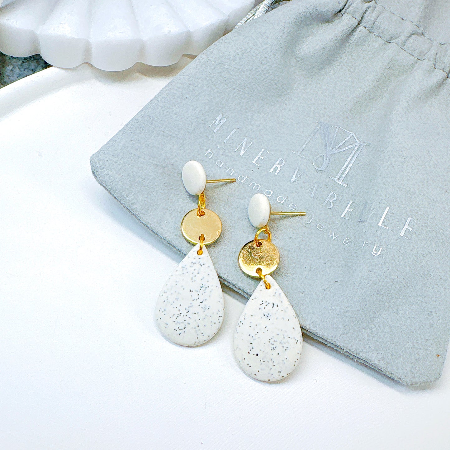Silver Teardrop Polymer Clay Stone Dangle Earrings