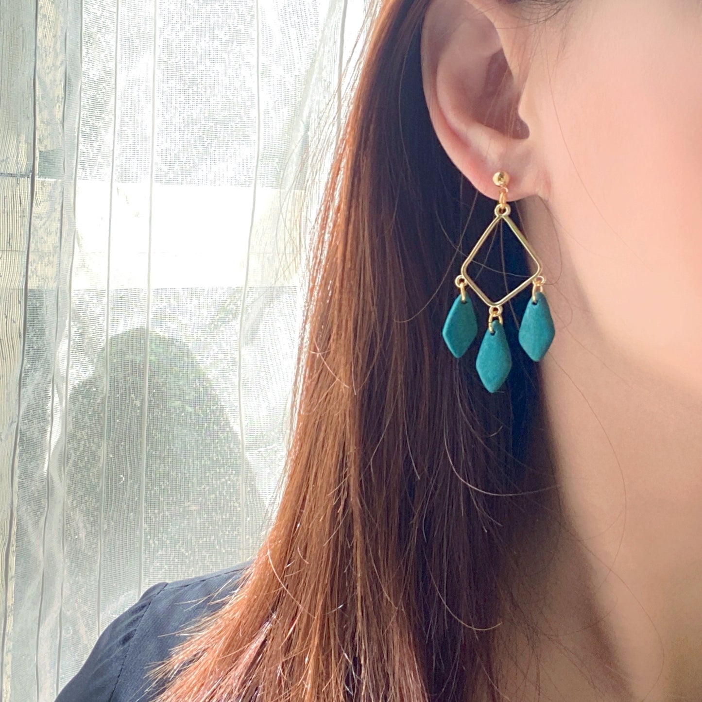 Teal Elegant Geometric Leaf Drop Earrings
