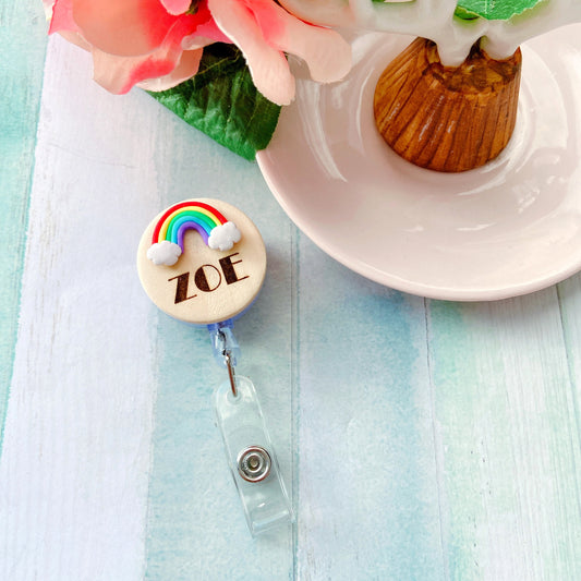 Handmade 3D Rainbow Cloud Personalized Name Badge Reel