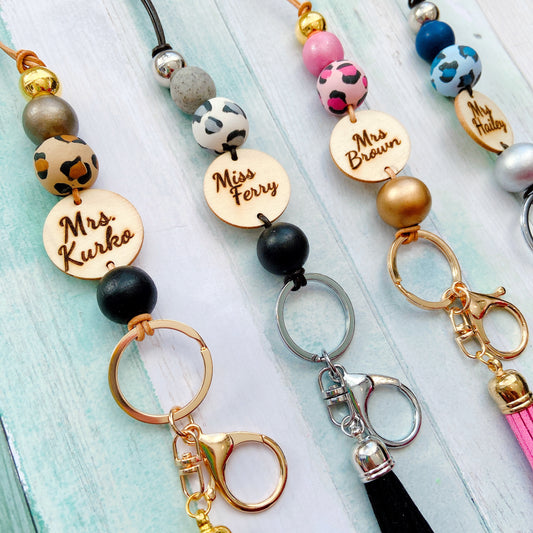 Personalised Animal Print Polymer Clay and Wood Bead Lanyard with Tassel