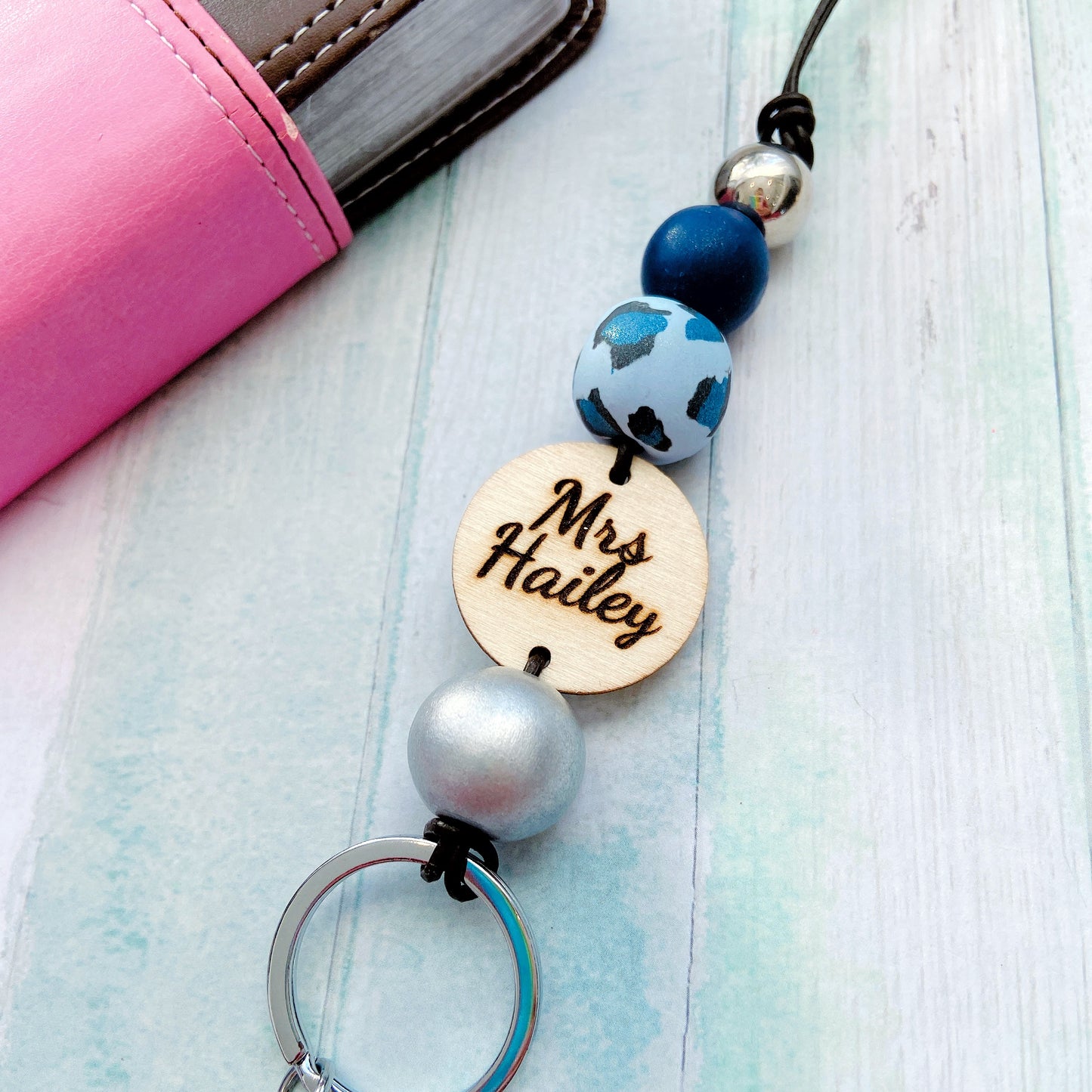 Personalised Animal Print Polymer Clay and Wood Bead Lanyard with Tassel