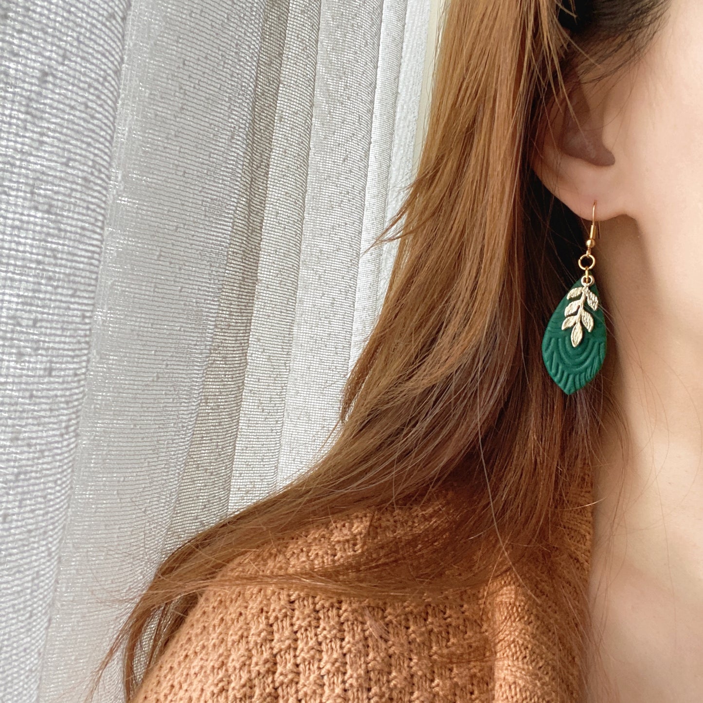 Emerald Green Gold Leaf Embossed Polymer Clay Earrings