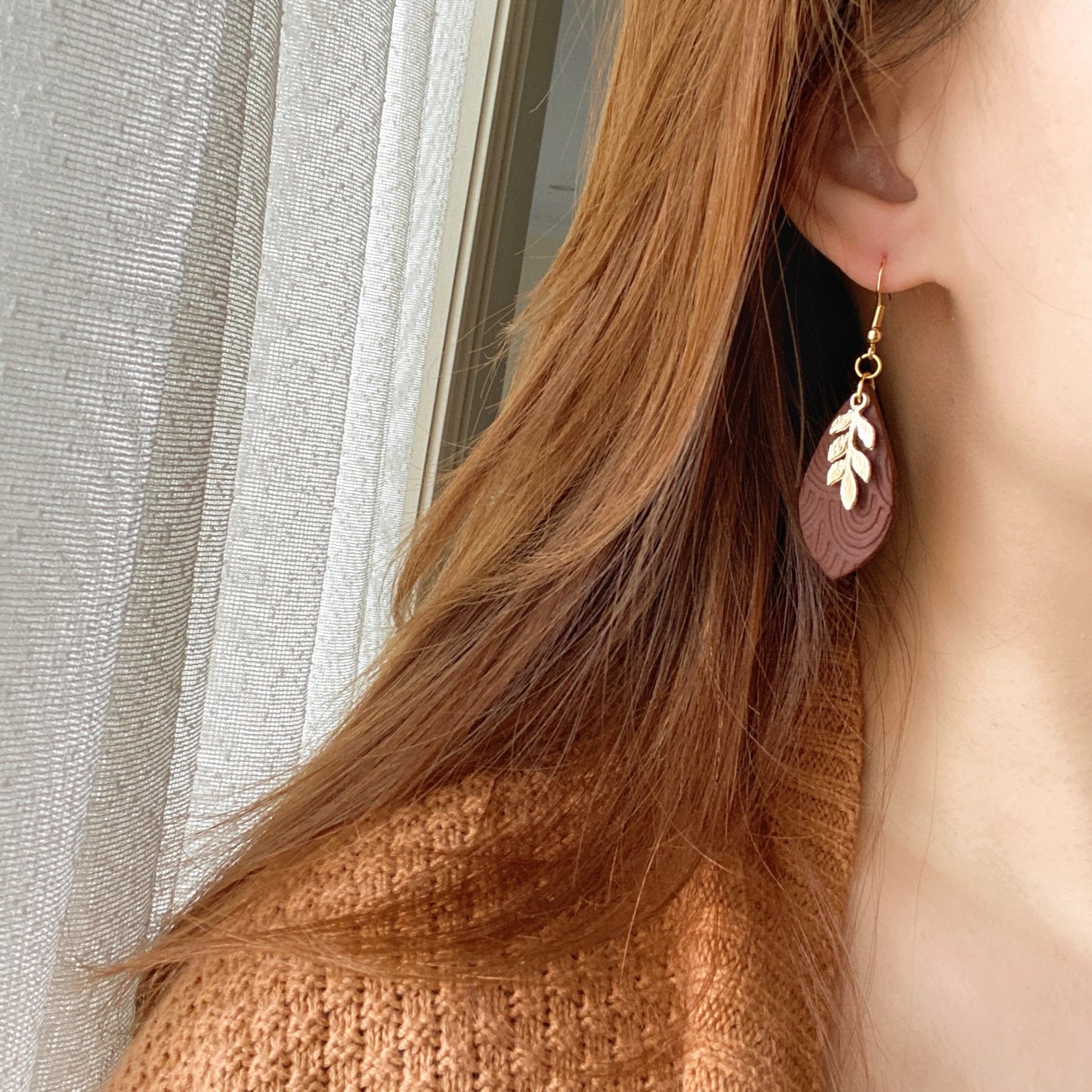 Terracotta Brown Gold Leaf Embossed Polymer Clay Earrings