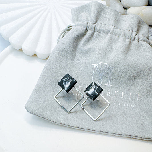 Black Marble & Silver Frame Square Minimalist Earrings