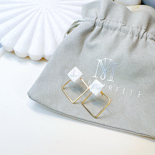 White Marble & Golden Frame Square Minimalist Earrings