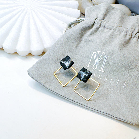 Black Marble & Golden Frame Square Minimalist Earrings