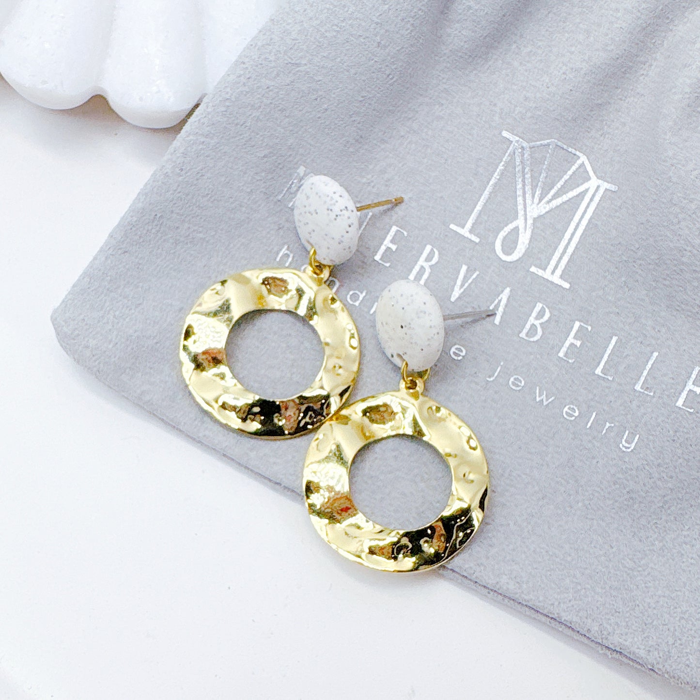 Silver Textured Metal Circle Earrings with Speckled Clay Earrings