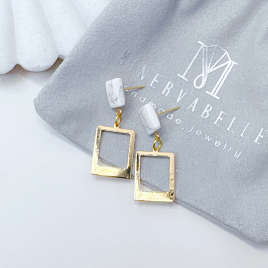Marble Clay and Gold Geometric Drop Earrings