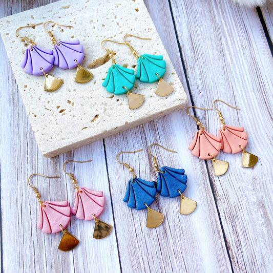 White Handmade Polymer Clay Fan Earrings with Polished Silver Metal Accent