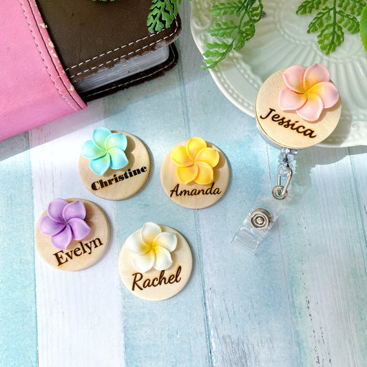 3D Blue Plumeria Rubra Personalized Name Badge Reel