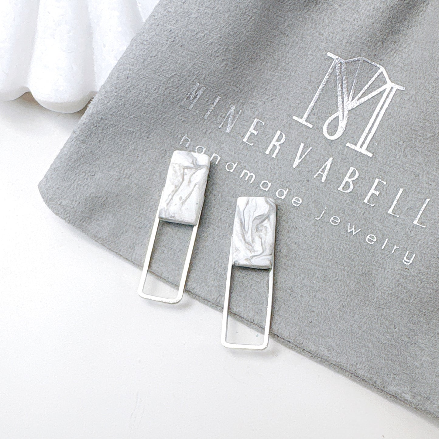 Marble Clay with Gold Rectangle Frame Stud Earrings