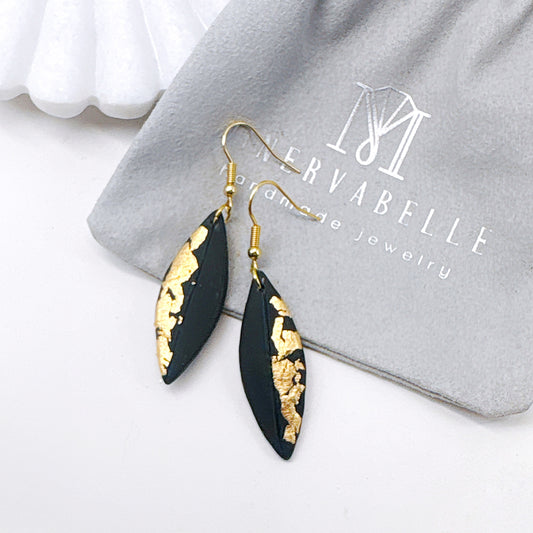 Handmade Black and Gold Leaf Earrings – Polymer Clay Marquise Dangle Earrings