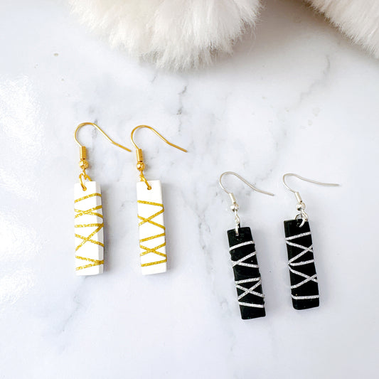 Rectangle White Polymer Clay Dangle Earrings with Silver Glitter Line Design