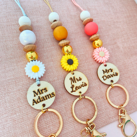 Daisy Flower with Pearl Clay Beads Teacher Lanyard