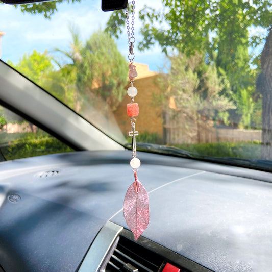 Rose Quartz with Metal Leaf Pendant Beaded Hanging Cross Car Charm