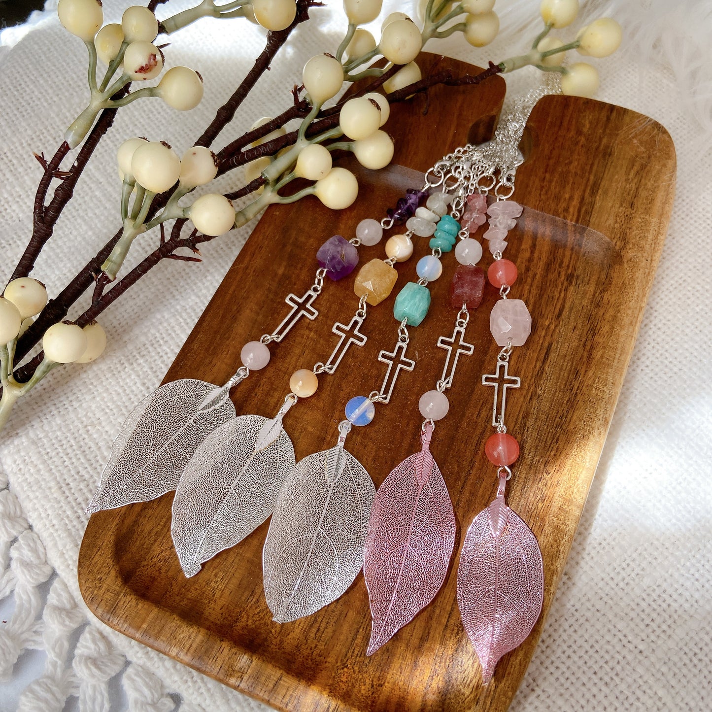 Strawberry Quartz with Metal Leaf Pendant Beaded Hanging Cross Car Charm