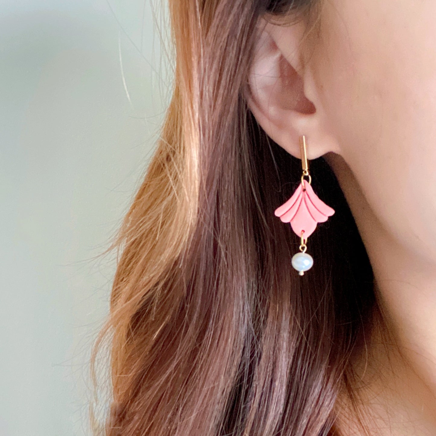 Coral Pink Ginkgo Petal Earrings with Freshwater Pearl – Elegant Collection