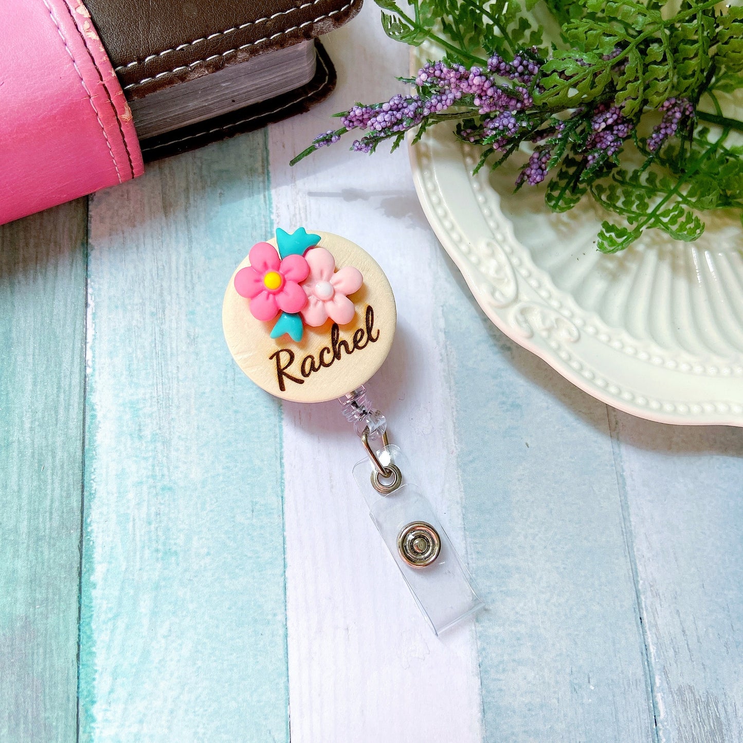 3D Purple and Pink Flower Bouquet Personalized Name Badge Reel