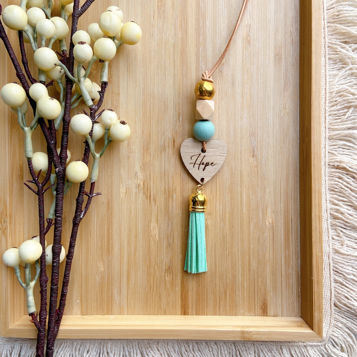 Wooden Heart Tassel Car Diffuser Hanging Charm (Faith · Hope · Love)