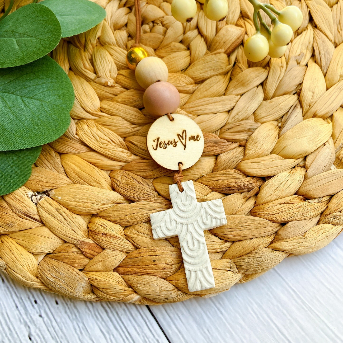 Large Handcraft Cross Charm with Polymer Clay Beaded and Scripture Tag
