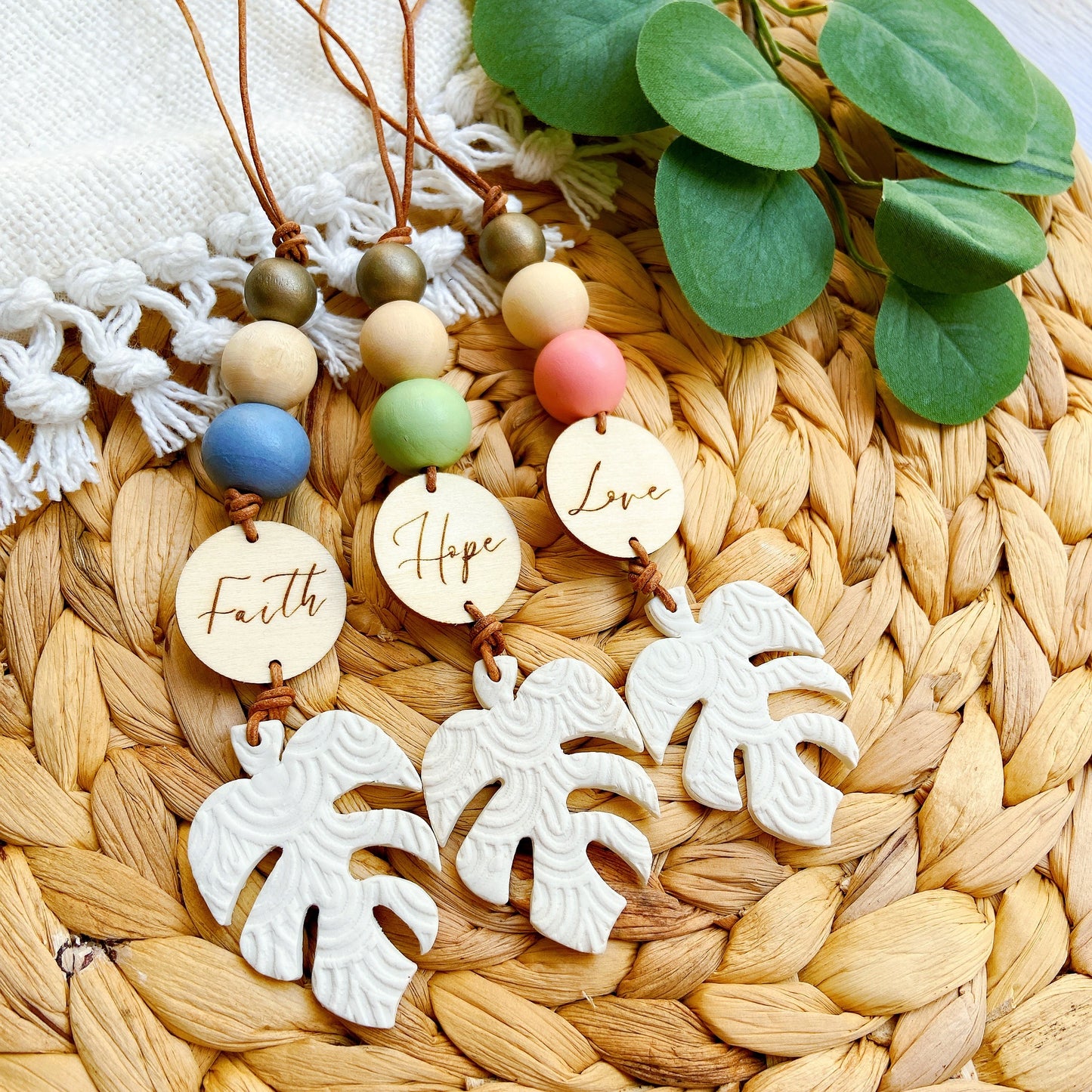 Handcraft Clay Leaf Charm with Polymer Clay Beaded and Scripture Tag