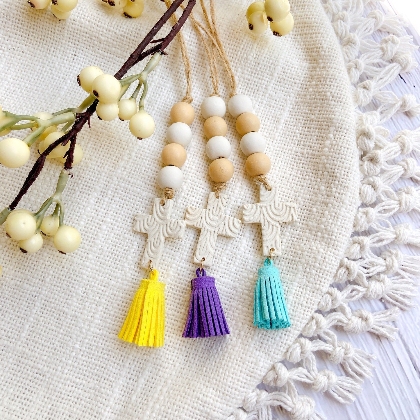 Handmade Cross Car Charm with Wooden Beads and Suede Tassel