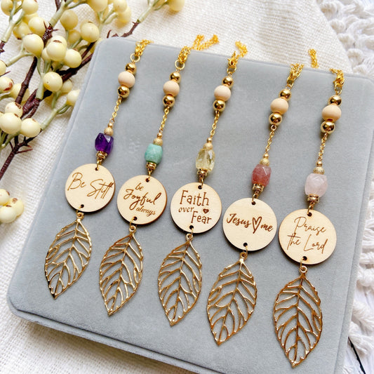 Rose Quartz Bible Message with Gold Leaf Essential Oil Car Hanging Charm