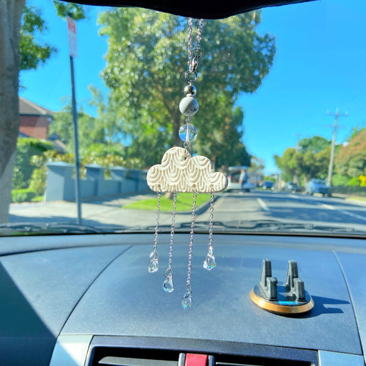 Cloud and Crystal Raindrop with White Turquoise Stone Car Charm