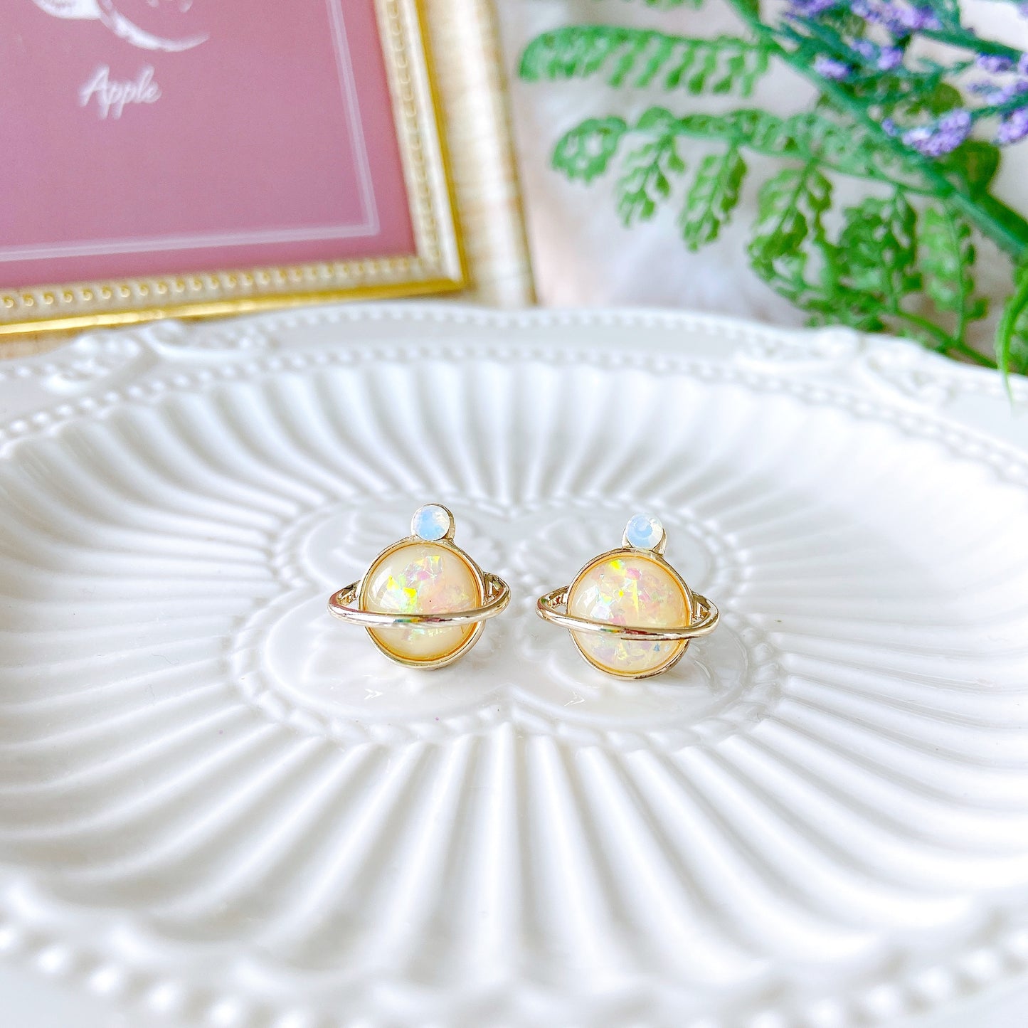 Purple Glitter Galaxy Planet Hypoallergenic Stud Earrings