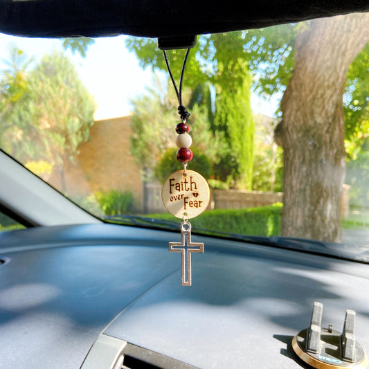 Silver Cross Bible Verse with Wooden Beads Essential Oil Car Hanging Charm