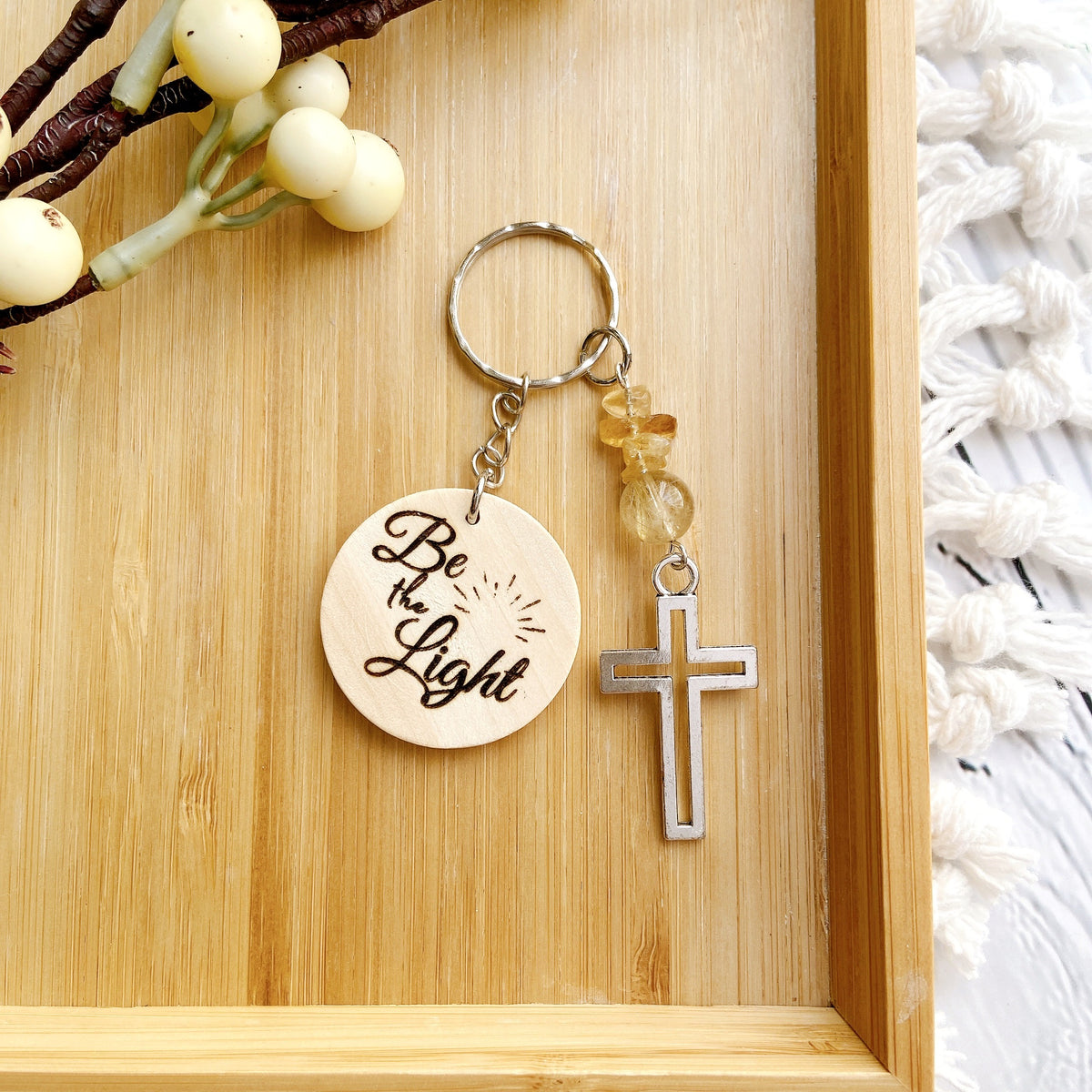 Inspirational Wooden Cross Keychain with Natural Gemstone Beads – Faith Quote Series