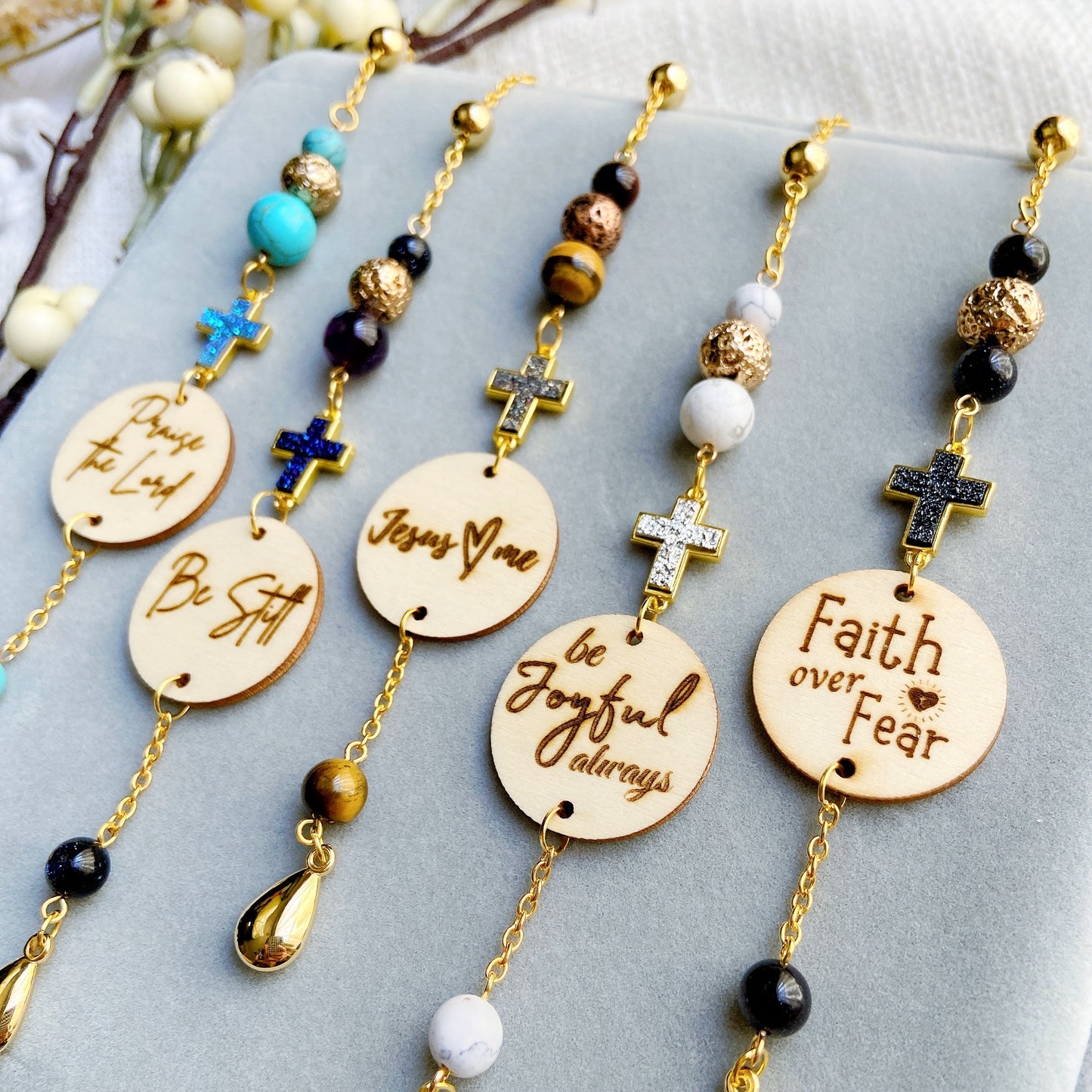 Druzy Amethyst Gemstone Cross Bible Verse with Lava Stones Car Hanging Charm