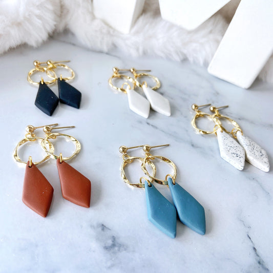 Dusty Blue Diamond Drop Polymer Clay Earrings – Modern Elegance Collection