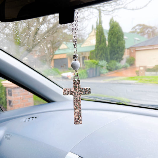 Embossed Silver Cross with Turquoise Stones Rear View Mirror Accessories