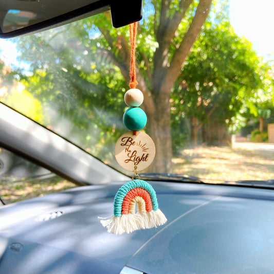 Orange and Green Macrame Rainbow Car Diffuser with Bible Verse hanging charm